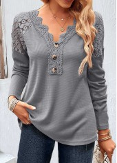 Grey tops,Plain Color tops,ROTITA Patchwork Grey V Neck Long Sleeve T Shirt