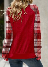 Red tops,Plaid tops,Striped tops,Geometric tops,ROTITA Lace Up Plaid Red Split Neck Long Sleeve Sweatshirt