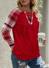 Red tops,Plaid tops,Striped tops,Geometric tops,ROTITA Lace Up Plaid Red Split Neck Long Sleeve Sweatshirt