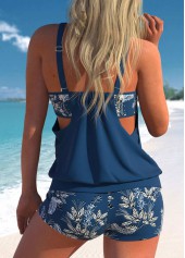 Peacock Blue swimwear,Floral swimwear,Plants swimwear,ROTITA Cut Out Peacock Blue Floral Print Tankini Set