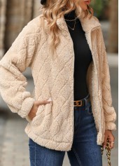 Light Camel tops,Plain Color tops,Zipper Light Camel Turn Down Collar Long Sleeve Coat