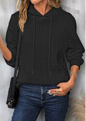 Black tops,Plain Color tops,Drawstring Twisted Black Long Sleeve Hoodie