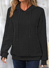 Black tops,Plain Color tops,Drawstring Twisted Black Long Sleeve Hoodie