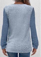 Dusty Blue tops,Contrast Color tops,ROTITA Patchwork Dusty Blue Round Neck Long Sleeve Sweatshirt