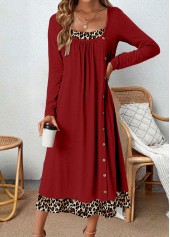 Wine Red dresses,Leopard dresses,Everyday dresses,Casual dresses,ROTITA Button Leopard Wine Red A Line Dress