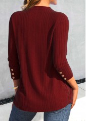 Wine Red tops,Plain Color tops,ROTITA Button Wine Red V Neck Long Sleeve T Shirt