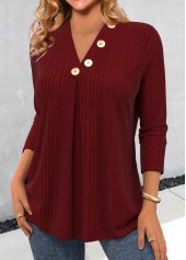 Wine Red tops,Plain Color tops,ROTITA Button Wine Red V Neck Long Sleeve T Shirt