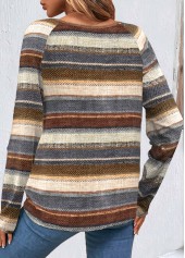 Multi Color tops,Striped tops,Geometric tops,ROTITA Button Striped Multi Color Round Neck Long Sleeve Sweatshirt