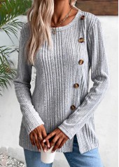 Light Grey Marl tops,Plain Color tops,ROTITA Button Light Grey Marl Round Neck T Shirt