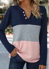 Navy tops,Light Pink tops,Contrast Color tops,ROTITA Button Navy Split Neck Long Sleeve T Shirt