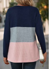 Navy tops,Light Pink tops,Contrast Color tops,ROTITA Button Navy Split Neck Long Sleeve T Shirt