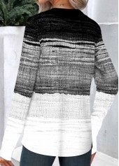 Black tops,White tops,Ombre tops,Striped tops,Geometric tops,ROTITA Button Ombre Black Asymmetrical Neck Long Sleeve Sweatshirt