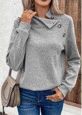 Grey tops,Plain Color tops,ROTITA Button Grey Turtleneck Long Sleeve Sweatshirt
