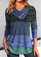 Rotita Button-gestreiftes Cyan-Langarm-T-Shirt mit V-Ausschnitt