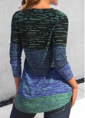 Cyan tops,Blue tops,Striped tops,ROTITA Button Striped Cyan V Neck Long Sleeve T Shirt