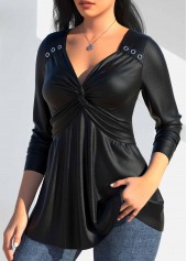 Black tops,Plain Color tops,ROTITA PU Eyelet Black Heart Collar Long Sleeve T Shirt