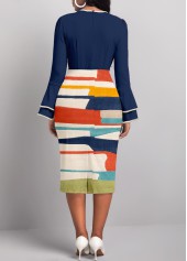 Navy dresses,Graphic dresses,Striped dresses,Geometric dresses,Party dresses,Elegant dresses,ROTITA Patchwork Graffiti Print Navy Round Neck Bodycon Dress