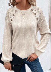 Beige tops,Plain Color tops,ROTITA Button Beige Round Neck Long Sleeve T Shirt
