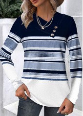 Navy plus size,Dusty Blue plus size,Striped plus size,ROTITA Plus Size Patchwork Navy Striped Asymmetrical Neck T Shirt