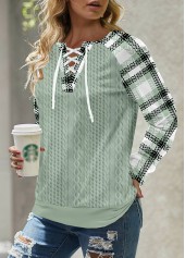 ROTITA Plus Size Lace Up Sage Green Plaid Sweatshirt