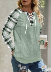 Sage Green plus size,Plaid plus size,Striped plus size,Geometric plus size,ROTITA Plus Size Lace Up Sage Green Plaid Sweatshirt