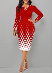 ROTITA Plus Size Split Geometric Print Red Bodycon Dress
