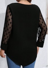 Black tops,Plain Color tops,ROTITA Plus Size Mesh Black Split Neck Long Sleeve Blouse