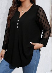 Black tops,Plain Color tops,ROTITA Plus Size Mesh Black Split Neck Long Sleeve Blouse