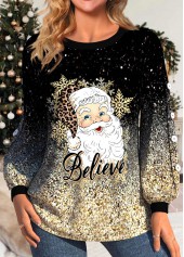 Goldenes Rundhals-Sweatshirt mit Rotita-Knopf Weihnachtsmann-Print und goldenem Rundhalsausschnitt