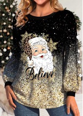 Golden tops,Black tops,Christmas tops,Letter tops,Leopard tops,Ombre tops,ROTITA Button Christmas Santa Claus Print Golden Round Neck Sweatshirt