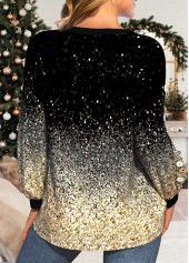 Golden tops,Black tops,Christmas tops,Letter tops,Leopard tops,Ombre tops,ROTITA Button Christmas Santa Claus Print Golden Round Neck Sweatshirt