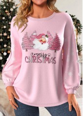 Rotita Plus Size-Sweatshirt mit Knopfleiste in Hellrosa und Weihnachtsdruck