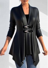Black tops,Plain Color tops,ROTITA Faux Leather Turn Down Collar Long Sleeve PU Coat