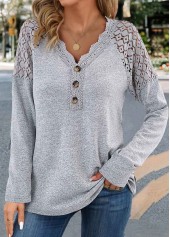 ROTITA Lace Grey V Neck Long Sleeve T Shirt