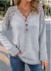 Grey tops,Plain Color tops,ROTITA Lace Grey V Neck Long Sleeve T Shirt