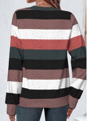 Multi Color tops,Striped tops,Geometric tops,ROTITA Patchwork Striped Multi Color V Neck Long Sleeve Sweatshirt