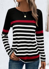 Black plus size,White plus size,Striped plus size,Geometric plus size,ROTITA Plus Size Patchwork Black Striped Round Neck T Shirt