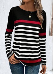 Black plus size,White plus size,Striped plus size,Geometric plus size,ROTITA Plus Size Patchwork Black Striped Round Neck T Shirt
