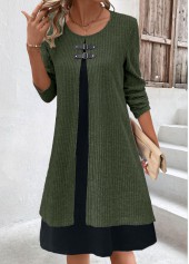 Olive Green dresses,Contrast Color dresses,Everyday dresses,Casual dresses,ROTITA Fake 2in1 Olive Green A Line Dress