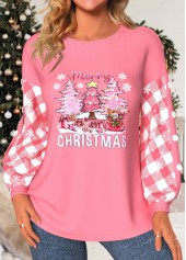 Hellrosa Rundhals-Sweatshirt mit Patchwork-Weihnachtsbaum-Print von Rotita