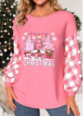 Peach Red tops,Christmas tops,ROTITA Patchwork Christmas Tree Print Light Pink Round Neck Sweatshirt