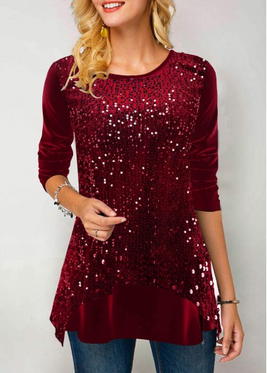 ROTITA Christmas Design Wine Red Sequin Velvet Stitching Sweatshirt ...