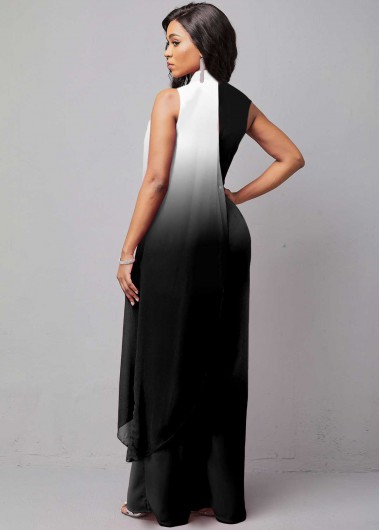 White jumpsuits&rompers,Black jumpsuits&rompers,Ombre jumpsuits&rompers,ROTITA Ombre White Long Wide Leg Stand Collar Sleeveless Jumpsuit