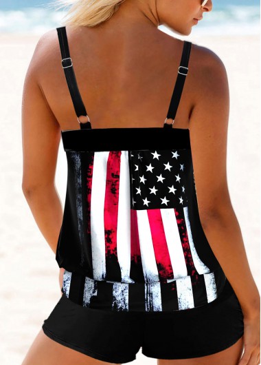 Black swimwear,Flag swimwear,Geometric swimwear,Striped swimwear,ROTITA Bowknot Black Flag Print Tankini Top
