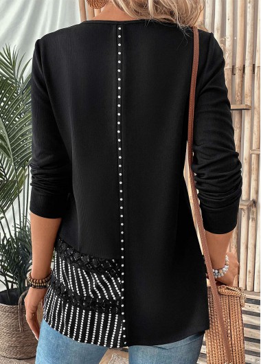 Black tops,Striped tops,Geometric tops,ROTITA Patchwork Striped Black Round Neck Long Sleeve T Shirt