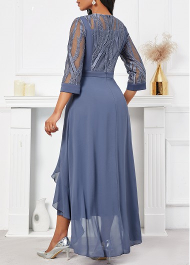 Dusty Blue dresses,Plain Color dresses,Party dresses,Elegant dresses,ROTITA Embroidery Dusty Blue High Low Round Neck Dress