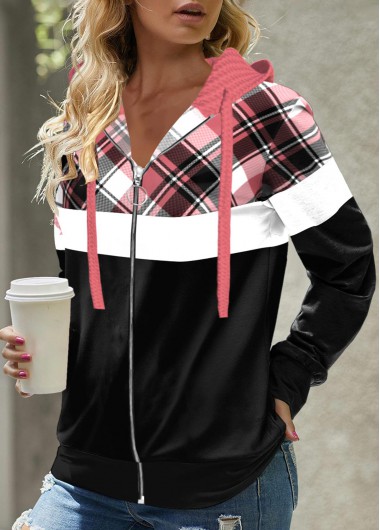 Pink tops,Black tops,Plaid tops,Striped tops,ROTITA Zipper Plaid Pink Long Sleeve Hoodie
