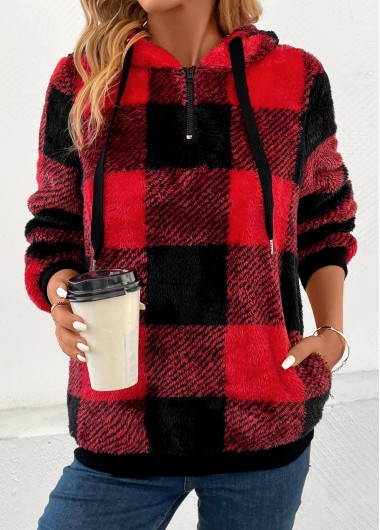 Red tops,Plaid tops,Geometric tops,Striped tops,ROTITA Pocket Plaid Red Hooded Long Sleeve Sweatshirt