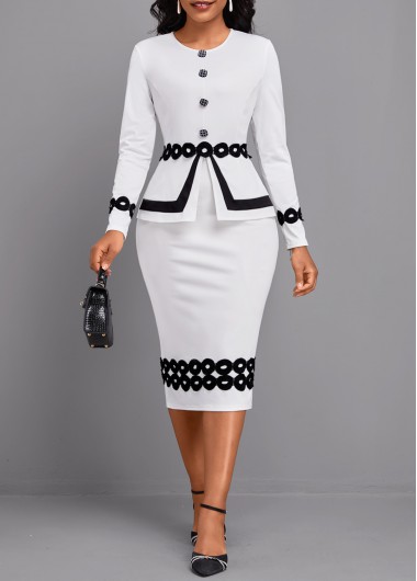 Rotita Fake 2In1 White Round Neck Long Sleeve Bodycon Dress