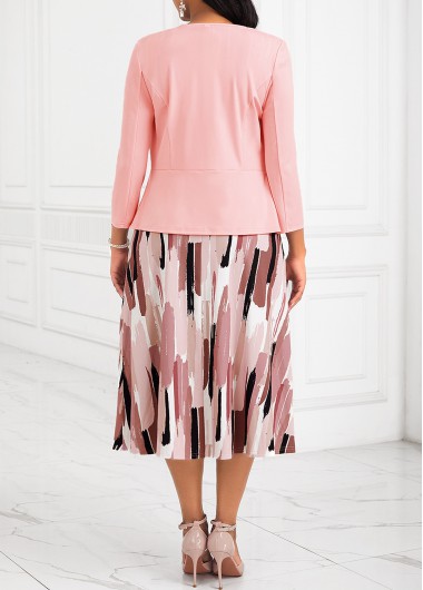 Pink plus size,Geometric plus size,Striped plus size,ROTITA Plus Size Two Piece Pink Belted Geometric Print Dress